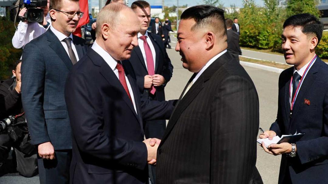 Russia’s President Vladimir Putin shakes hands with North Korea's leader Kim Jong Un at the Vostochny Cosmodrome in Amur region on September 13, 2023. Photo distributed by Sputnik agency, Vladimir SMIRNOV / POOL / AFP