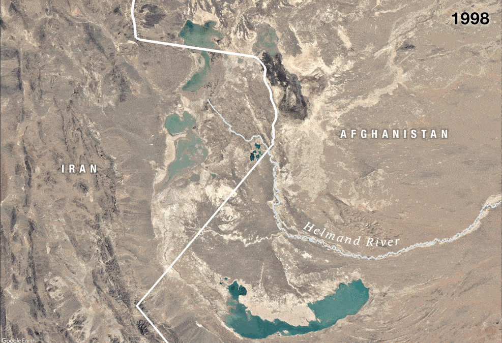 Satellite imagery showing water levels in the Hamoun wetlands fed by the Helmand River.
