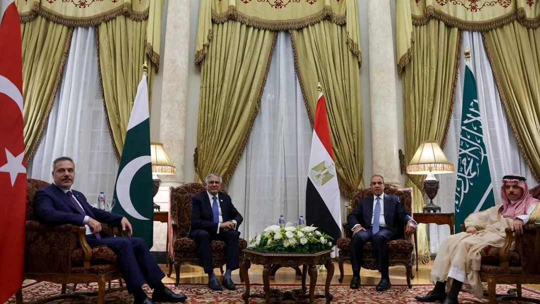 Egyptian Foreign Minister Badr Abdelatty meets with his Turkish, Saudi and Pakistani counterparts to discuss stability in the region following an interim deal between the U.S. and Iran, at Tahrir Palace in Cairo, Egypt June 21, 2026.