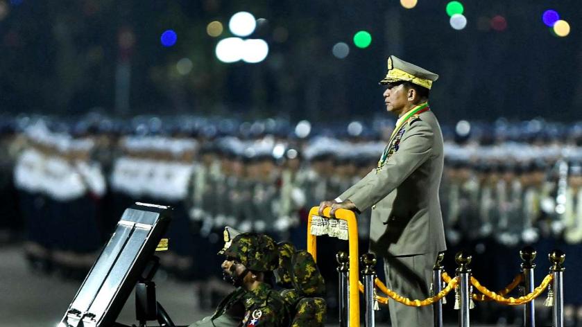Myanmar's junta chief military Min Aung Hlaing arrives to deliver a speech during a ceremony to mark the country's Armed Forces Day in Naypyidaw on March 27, 2024. STR / AFP