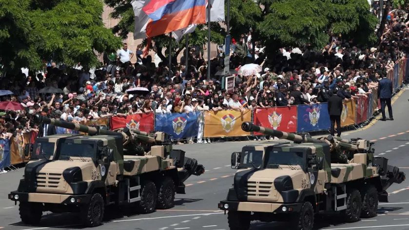 Howitzers drive during a military parade marking Republic Day in Yerevan, Armenia. 28 May 2026.