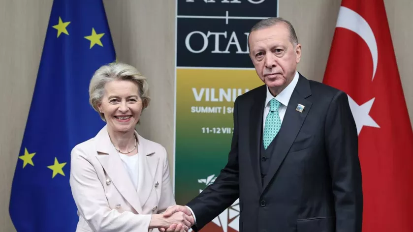 Turkish President Recep Tayyip Erdogan meets with the President of the European Commission, Ursula von der Leyen, on the sidelines of the Summit of Heads of State and Government of NATO Member States in Vilnius, Lithuania on July 12, 2023. 